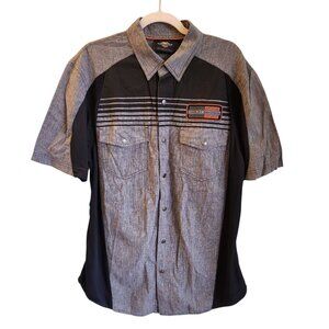 Harley Davidson Shirt Men's Large Grey Short Sleeve Snap Button Logo Pockets